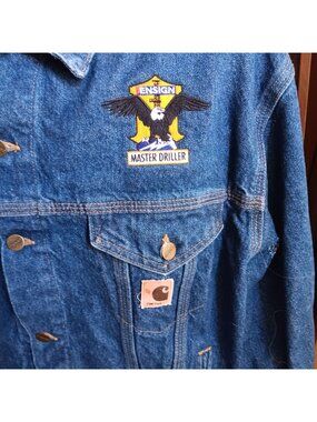 XL Vintage Carhartt Jacket J12DST Denim Ensign Master Driller Patch Distressed